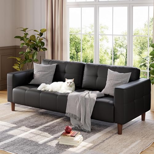 Image of IDEALHOUSE 83 inch Black Faux Leather Couch, 3 Seater Sofa Couches