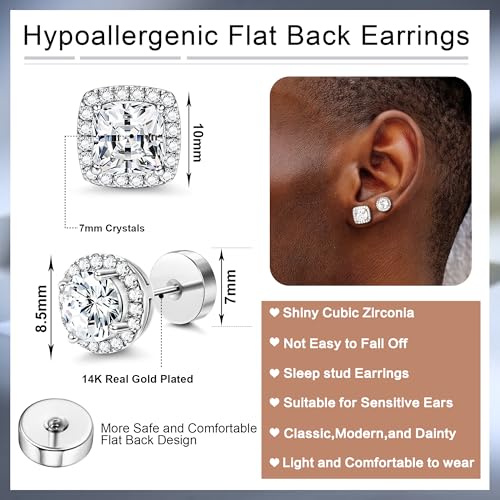 FASACCO 14K Flat Back Round Square Stud Earrings for Men Women Large Big Cubic Zirconia Stud Earrings Mens Earrings Flatback Earrings2