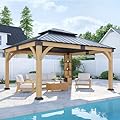 ZIENLIFE 12x14 ft Cedar Wood Gazebo with Sunlight Roof &Storage Cabinet, Hardtop Gazebo with Galvanized Steel Double Roof, Heavy Duty Pavilion for Patio Lawn and Garden