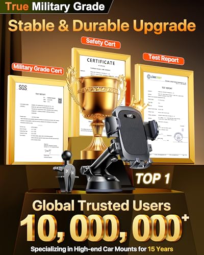Image of [True Upgrade for Safety] YRU Car Phone Holder Mount [Patent & Military-Grade] Dashboard Cell Phone Holder for Car Vent Windshield Phone Stand for iPhone17 16 15 14 13Pro Max Truck Samsung, Dark Black