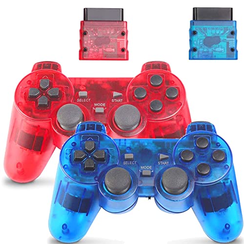 GBCON Wireless Controller for PS2 Dual Shock, Gamepad Remote Compatible with Playstation 2 (Clear Red and Clear Blue)