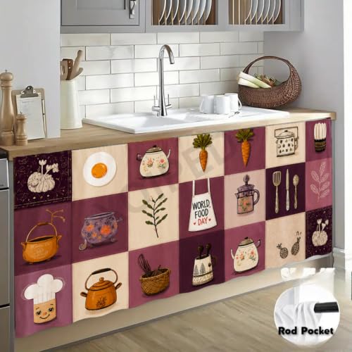 Image of Under Sink & Counter Curtain for Modular Kitchen - Printed Fabric Rod Pocket Hanging Skirt, Washable Under-Counter Cover, Pack of 2 Panels (Each Panel: 150 x 70 cm) (Purple Kitli)