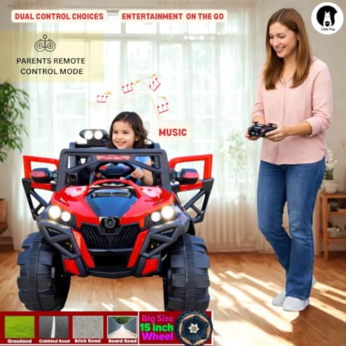 Image of Little Pup Battery Operated 4x4 Big Size 12V Battery Ride On Truck, Jeep for Kids Drive 2 to 10 Years | Motor for Steering | Remote Control | Suspensions | Jumbo Driving Car