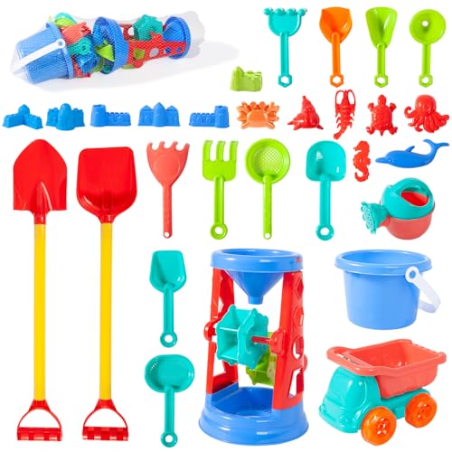 Beach Toys 27 PCS Sand Toys Set Kids Sandbox Toys Includes Water Wheel Beach Watering can Moulds Bucket Sand Mould Shovel Rake Car Model Net Bag for Travelling Beach Toys for 3+ Year Olds