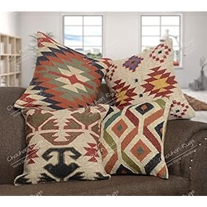 Chouhan Rugs 4 PCS Set of Kilim Cushion Cover Jute Ethnic Pillow Boho Hand Woven Shams Hippie Indian Throw Art