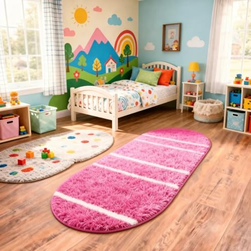 Image of Vasrug Luxury Soft Shaggy Bedside Ovel Rug - Geometric Design | Plush High-Pile Bedroom Carpet, Pack of 1 Pic, 1.5x4 Feet, (AA8)