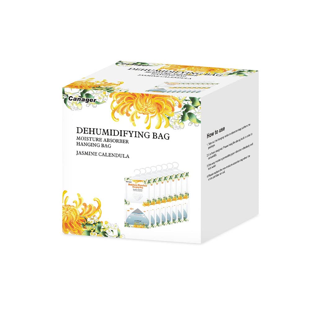 Canager Absorbente de humedad colgante, caléndula de jazmín, bolsa deshumidificador de 12 onzas (8 paquetes), recoge el exceso de agua y obtén aire fragante.
