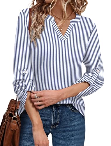 WIHOLL Womens V Neck 3/4 Long Sleeve Work Tops Dressy Casual Blouses Curve Hem Tunic Shirts Fall Outfits 2025 - Main Image