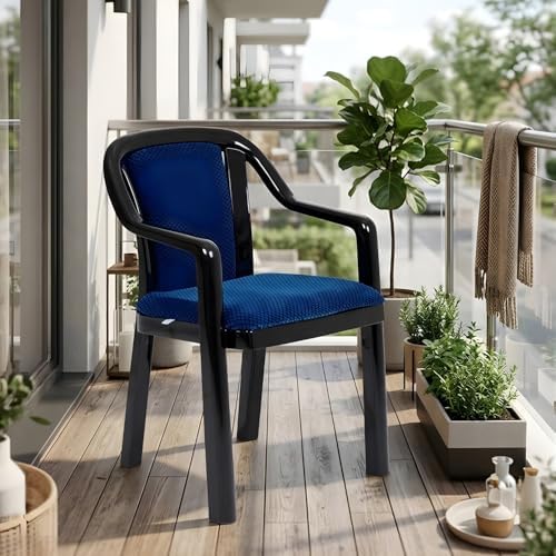 Image of Nilkamal Plastic Chair for Living Room with Arm & Cushion | 3 Year Warranty | for Home, Living Room, Outdoor | Iron Black & Blue Colour | Signature