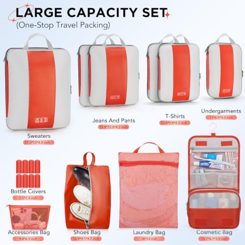 Image of OlarHike 10 Set Compression Packing Cubes for Travel Essentials,Compressible Expandable Packing Cubes for Suitcase,Luggage Garment Bags with Over 99 pcs of Mesh Holes(Orange)