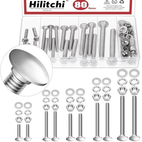 Hilitchi 80PCS 5Sizes M6 M8 M10 Carriage Bolts Screws Square Neck Carriage Bolts Screws with Nuts and Washers Full Thread Carriage Bolt for Machinery Industry(304 Stainless Steel)