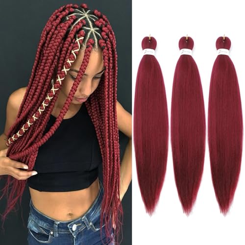 WacanDan Burgundy Braiding Hair Pre stretched 26 Inch 3 Packs Professional Soft Yaki Texture Long Braid Extensions Hot Water Setting for Box Braids Twist & Crochet Braids