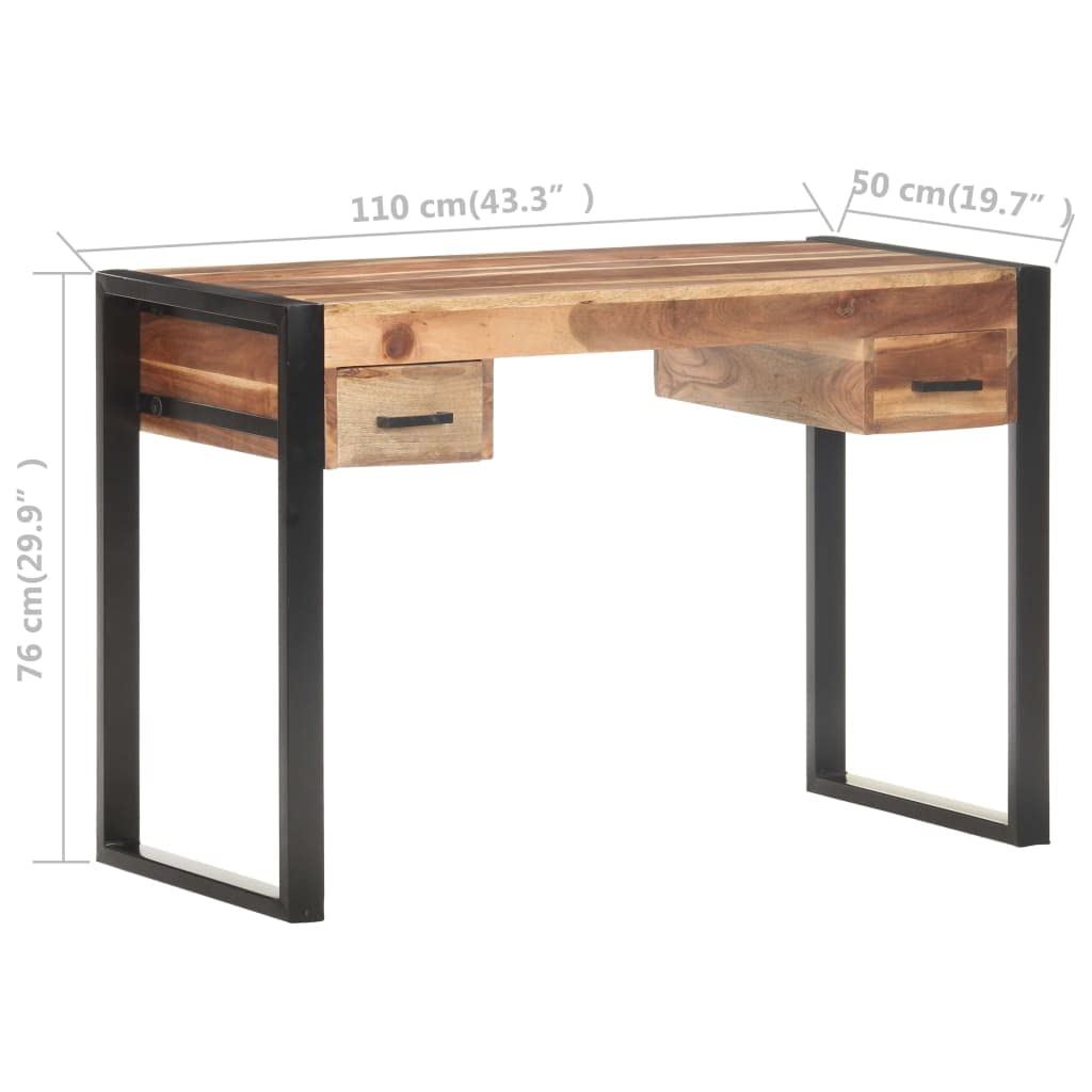 Vintage Schreibtisch 110x50x76 cm aus massivem Akazienholz und Gummibaumholz mit Zwei Schubladen, Stahlgestell für Stabilität, vielseitig als Computertisch oder Bürotisch nutzbar