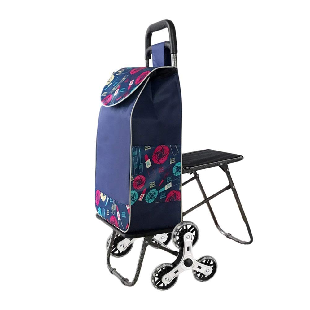 AnSafe Einkaufstrolley, Tragbar Faltbar Wiederverwendbar Handwagen Mit 6 Rädern Stark Dauerhaft Einkaufswagen Mit wasserdichte Tasche, Sitz (Farbe : Blau)