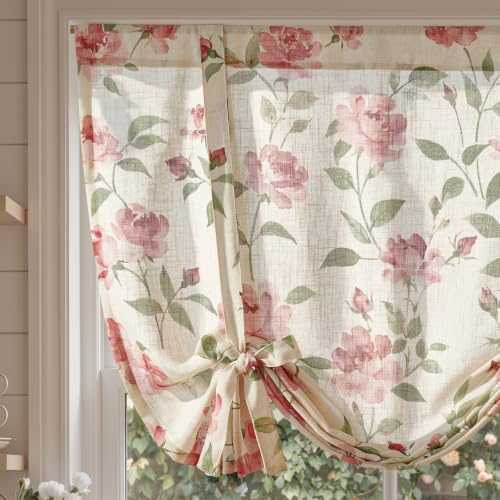 jinchan Floral Linen Tie Up Valance for Window 54 Inch 1 Panel