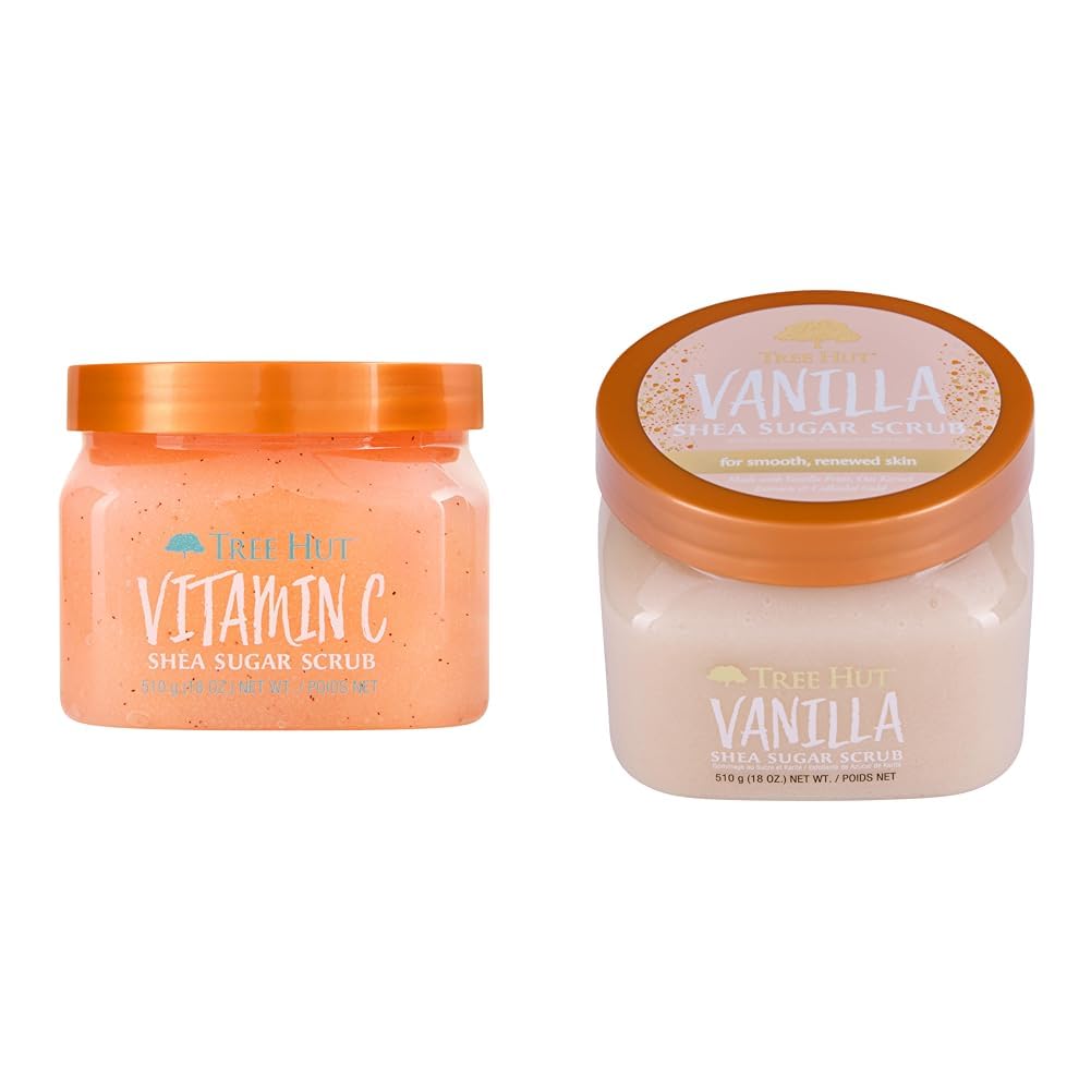 Vitamin C and Vanilla Shea Sugar Body Scrubs, Both 18 oz, Ultra Hydrating and Exfoliating