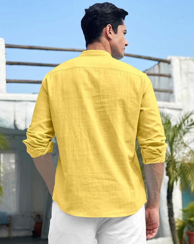 Image of FINIVO FASHION Men's Cotton Blend Short Kurta Shirt | Casual Ethnic Wear with Roll-Up Sleeves & Mandarin Collar | Comfortable Fit Tunic for Festive, & Summer Outings