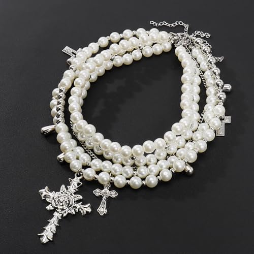 Bocar Gothic Cross Layered Pearl Necklace Chunky Statement Stacked Necklace Y2K Silver Layered Necklace for Women (NK-10769)3