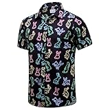 EUOW Easter Button Up Shirt for Men Fun Chick Printed Casual Short Sleeve Hawaiian Tropical Beach Shirts（Easter Bunny,M