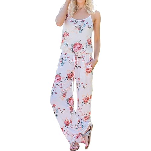 AMiERY Women's Floral Printed Jumpsuits Solid Rompers Casual Comfy Striped Jumpsuit with Pockets