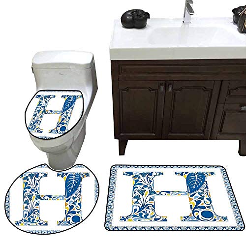 3 Piece Toilet Cover Set Letter H Azulejo Frame Flowers and Leaves Abstract