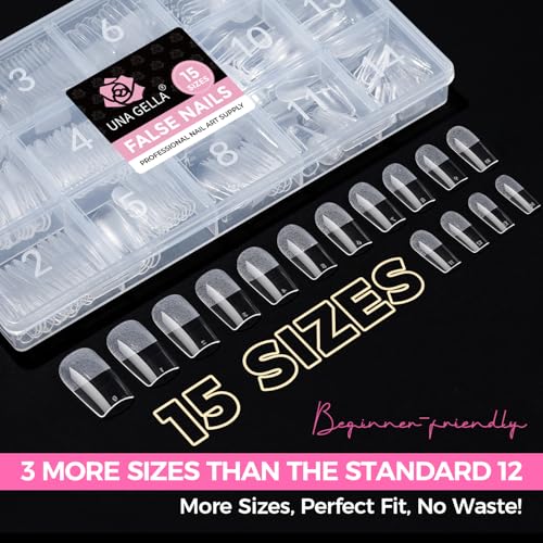Image of UNA GELLA Medium Square Gel Nail Tips, 15 Sizes Pre Etched Soft Gel Nail Tips Square 300pcs Fake Nails Full Cover For Press On False Nail Extension Home DIY Salon for Women