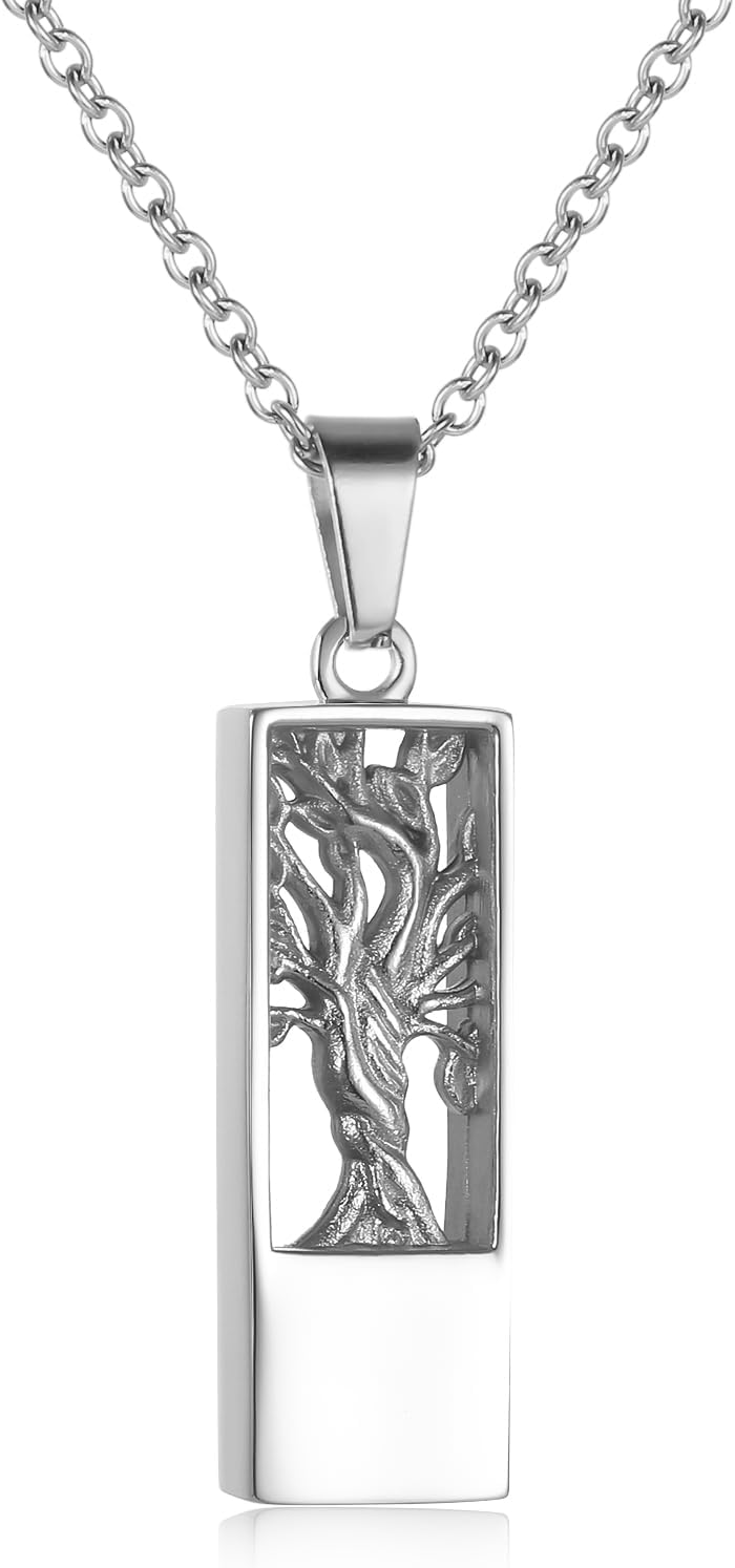 Tree Of Life Urn Necklace-Memorial Keepsake Pendant (1.18 inches) Ashes Holder For Loved Ones, Waterproof Engravable,Comfort Carry in Stainless Steel