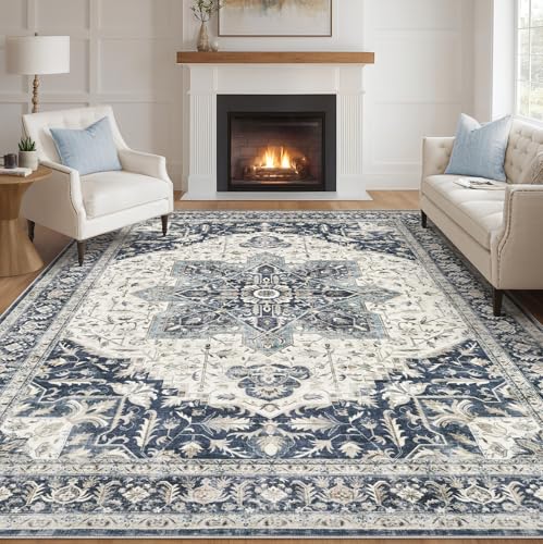 Tortania Area Rug Living Room Rugs - 8x10 Washable Boho Rug Vintage Oriental Distressed Farmhouse Large Thin Indoor Carpet for Living Room Bedroom Under Dining Table Home Office - Indigo