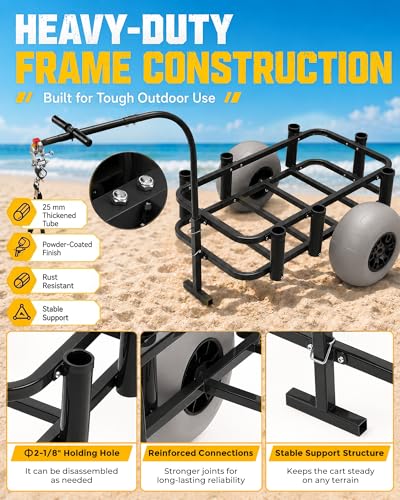 Image of PYY Beach Fishing Cart - 550LB Load Capacity Fishing Cart with Reinforced Frame, 13 inch Big Wheels PU Balloon Tires for Sand, Fishing Wagon with 7 Rod Holders, Foldable Bucket for Beach, Lake (Black)
