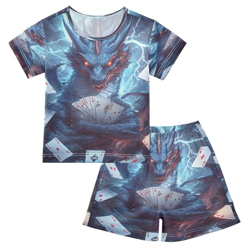 ALAZA Dragon Poker Card Pajamas Set Short Sleeve Cotton Sleepwear Summer Pjs 2 Piece 5-14Y