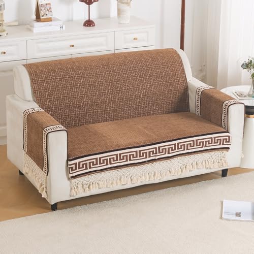 Image of HOKIPO 'Imperial Tassel Series' Thick & Soft Chenille Jacquard Sofa Cover 2 Seater Set for Seat, Back & Arms with Tassels, Russet Brown (IN-1010 + IN-1012-I1*2)