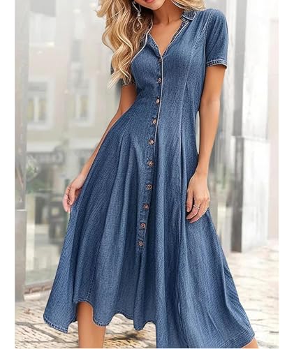 Sexyshine Women's Button Down Denim Shirt Dress Summer Short Sleeve Lapel V Neck Tunic A Line Swing Pleated Maxi Dress2