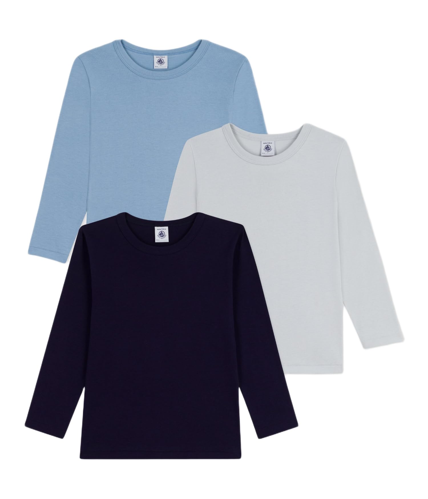 Petit Bateau Pack of 3 Children's Long-Sleeved Plain T-Shirts Sizes 2-14 Years