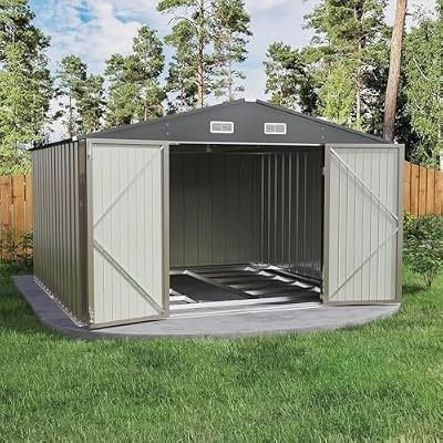 Patiowell 10' x 8'/10' x 10'Metal Outdoor Storage Shed with Goods Shelves/Floor Frame Garden Tool Shed for Backyard Garden 10' x 8' with Floor Frame