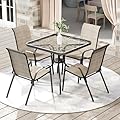 Arlopu 5 Piece Outdoor Patio Dining Set (Umbrella not Included), Porch Furniture with 4 Textline Chairs, 1 Square Glass Table for Garden, Backyard and Poolside, Lawn (Browm)