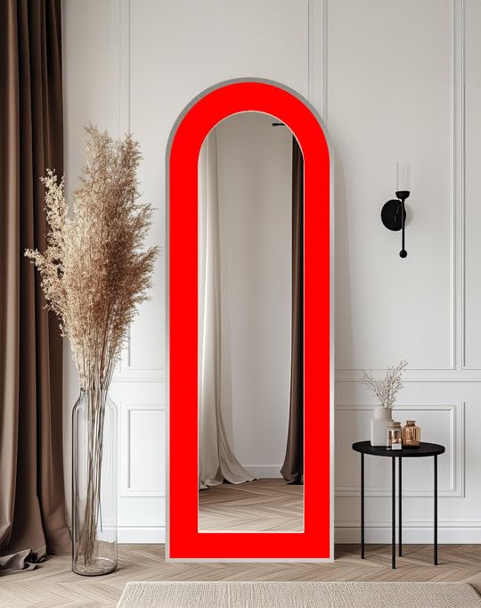 Specchio da terra astratto a lunghezza intera, 68,3 x 168,2 cm, rosso, specchio da pavimento colorato con cornice nera