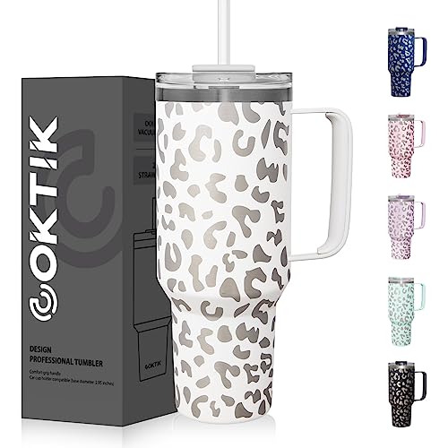 COKTIK Vaso de 40 onzas con asa y tapa con pajilla, tapa 2 en 1 (con pajilla / abatible), taza de viaje aislada al vacío de acero inoxidable para bebidas calientes y frías (leopardo blanco crema)