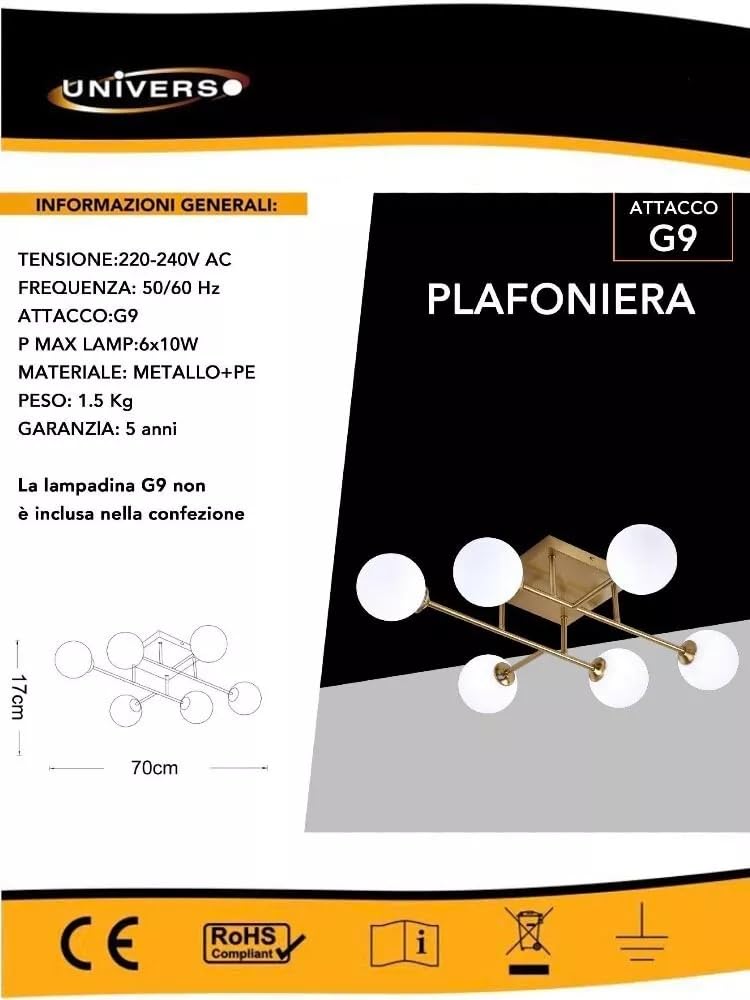 Plafoniera da soffitto lampadario 6 sfere g9 sfera color bianco bronzo c77