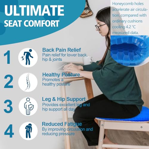 Image of Seat Cushion, 1.8 inch Double Thick Cooling Egg Gel Seat Cushions for Long Sitting, Strong Support, Sciatica & Back Pain Relief, Breathable Cool Suitable as Office Chair, Car Seat, Wheelchair Cushion