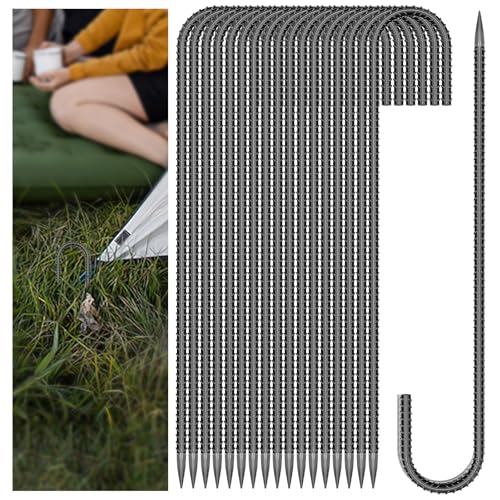 20 Pieces J Hooks Rebar Metal Tent Stakes 12 Inch Galvanized Ground Anchors Yard Stakes for Landscape Fabric Artificial Turf Heavy Duty Anti Rust for Outdoor Lawn Decorations Inflatables Swing Set