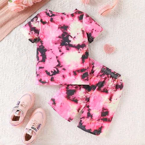 Image of Kids Girl Clothes Tie Dye Heart Print Short Sleeve Top and Shorts Toddler Girl Summer Outfits Short Set
