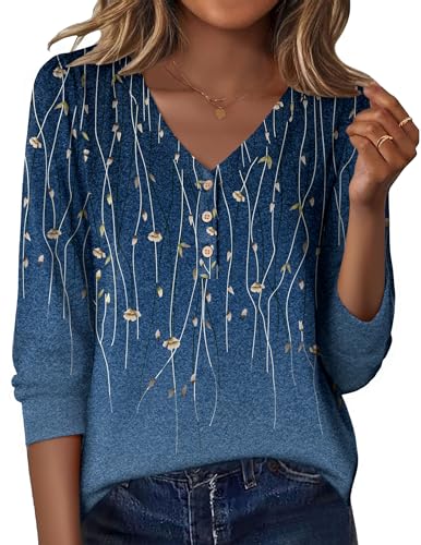 Zeagoo Dressy Tops for Women Length Sleeve Shirts Dressy Casual Button Down Tshirts Casual Pullover V Neck Shirt Floral Print XXL