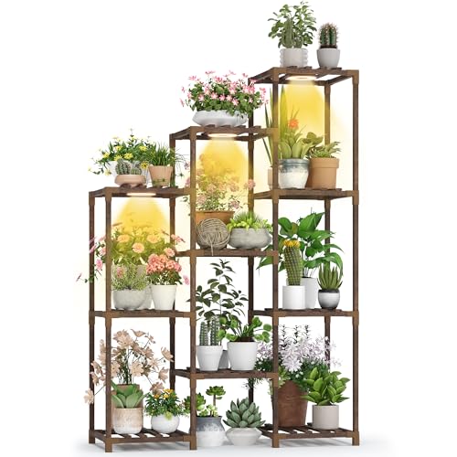 Sttoraboks Wooden Plant Stand Indoor with Grow Light, 4-Tier Ladder