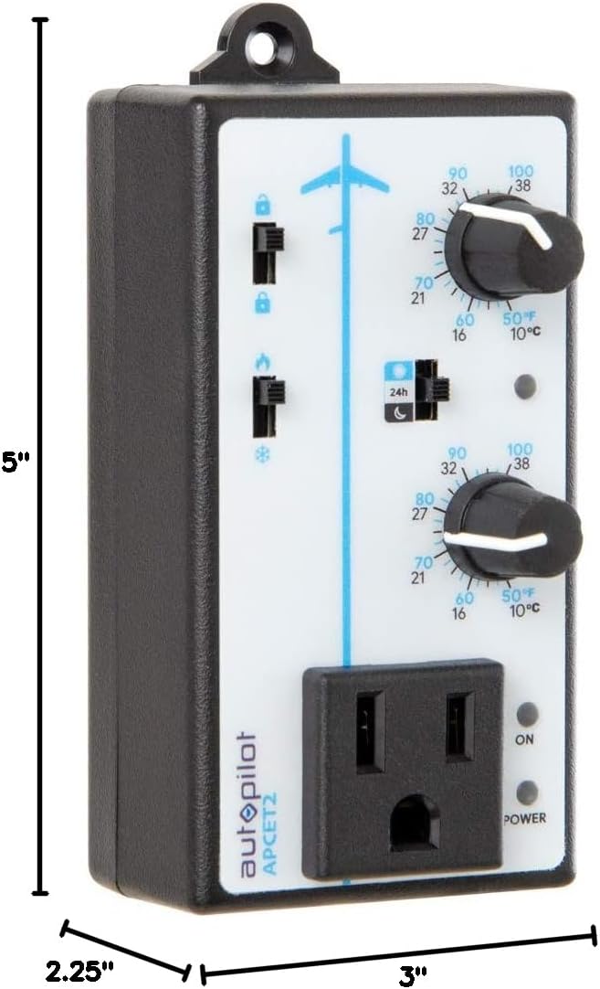 Dimensions of the Autopilot APCET2 thermostat: 3 inches deep, 2.25 inches wide, and 5 inches high.