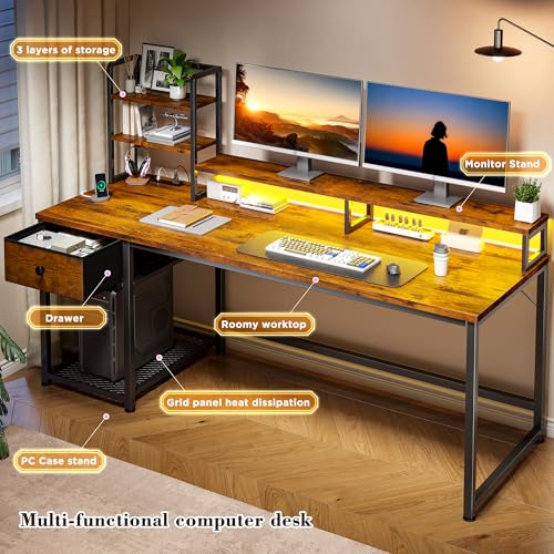 Image of EnHomee 55 inch Reversible Computer Desk, Hutch, USB & LED, Rustic Brown | Fits 2 Monitors on Stand; Drawer & 3 Shelves; 60,000 Colors Music Sync RGB; 3 AC Ports & Type-C; Steel Frame; Easy Build