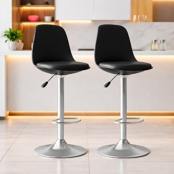 Seating Solutions 360° Revolving Adjustable Height Bar Stool Chair with Chrome Metal Base | 1 Year Warranty | Leatherette Upholstery | Stable Stool for Dining Spaces, Cafeteria- Black (Pack of 2)