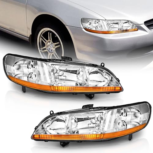 WEELMOTO Headlight Assemblies Pair for 1998-2002 honda accord Headlights for 98 99 00 01 02 Headlamp Replacement Chrome Housing Amber Reflector Left+Right Pair