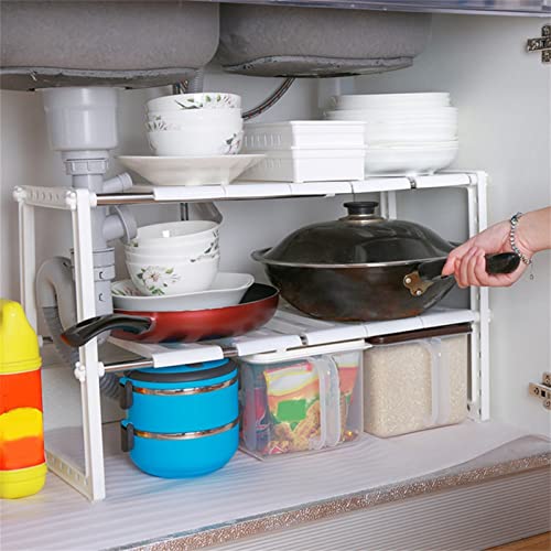 Estante organizador ajustable de 2 capas, estante retráctil para cocina con marco de acero inoxidable para debajo del fregadero, blanco miniatura 4