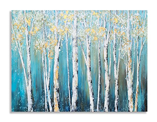 Image of Yihui Arts Canvas Wall Art Blue Tree Forest Landscape Picture Prints, Modern Birch Trees Nature Woods Abstract Artwork Framed Ready to Hang for Home Office Living Rooms (Gold Foil, 20Wx28L)