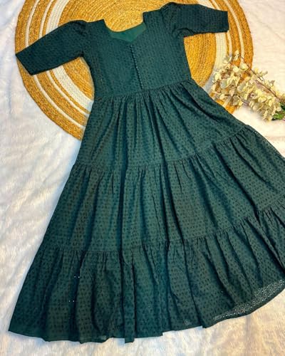 Image of Her Couture Cotton Midi Schiffli Embroidered Dress with Attached Belt